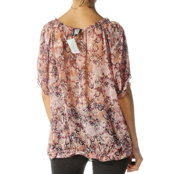 Ella Moss Pink Navy & Red 100% Silk Raw-Hem Pouf-Sleeve Blouse - Picture 3 of 3